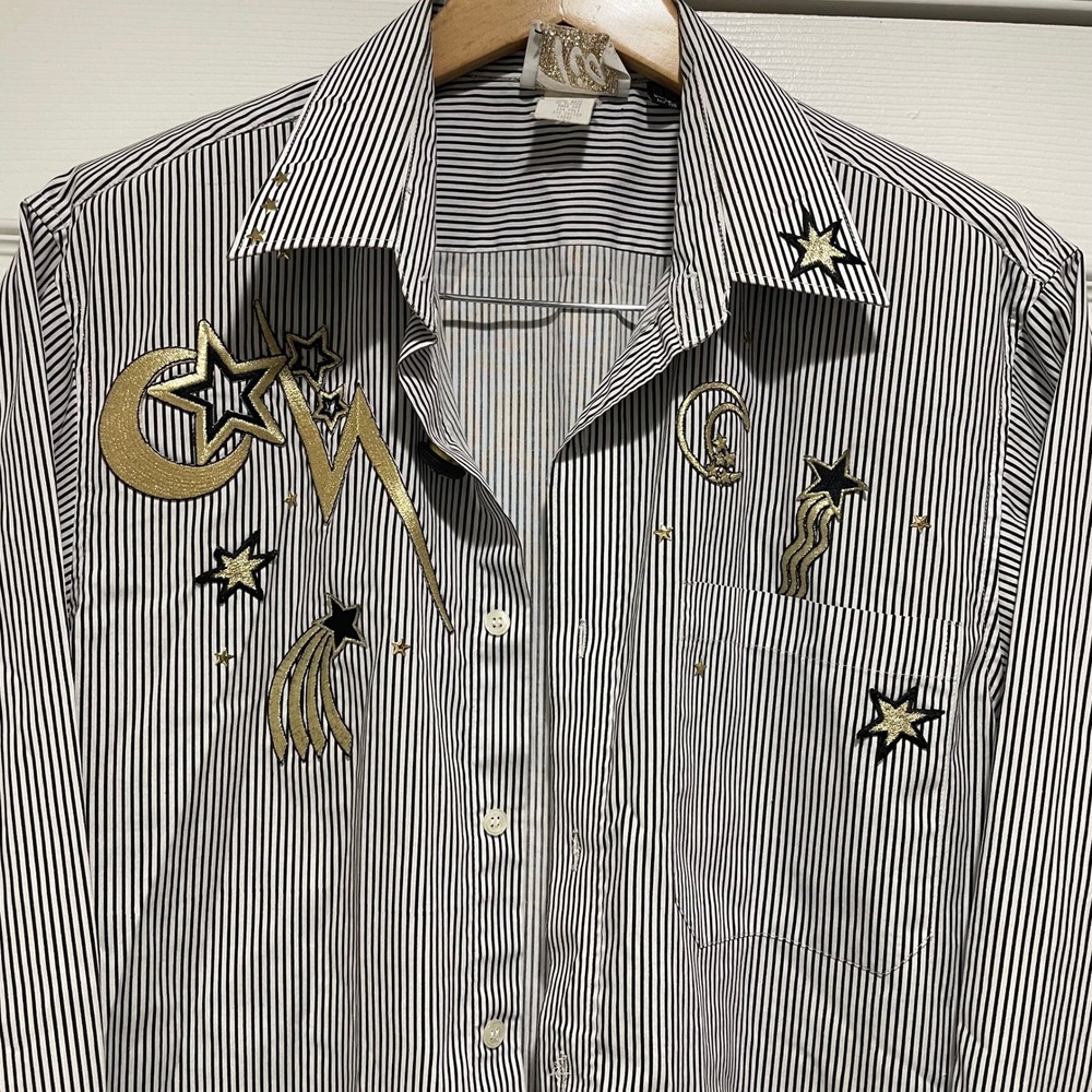 Tia Designs Womens Shirt L Black White Striped Cotton Gold Celestial Moon Star